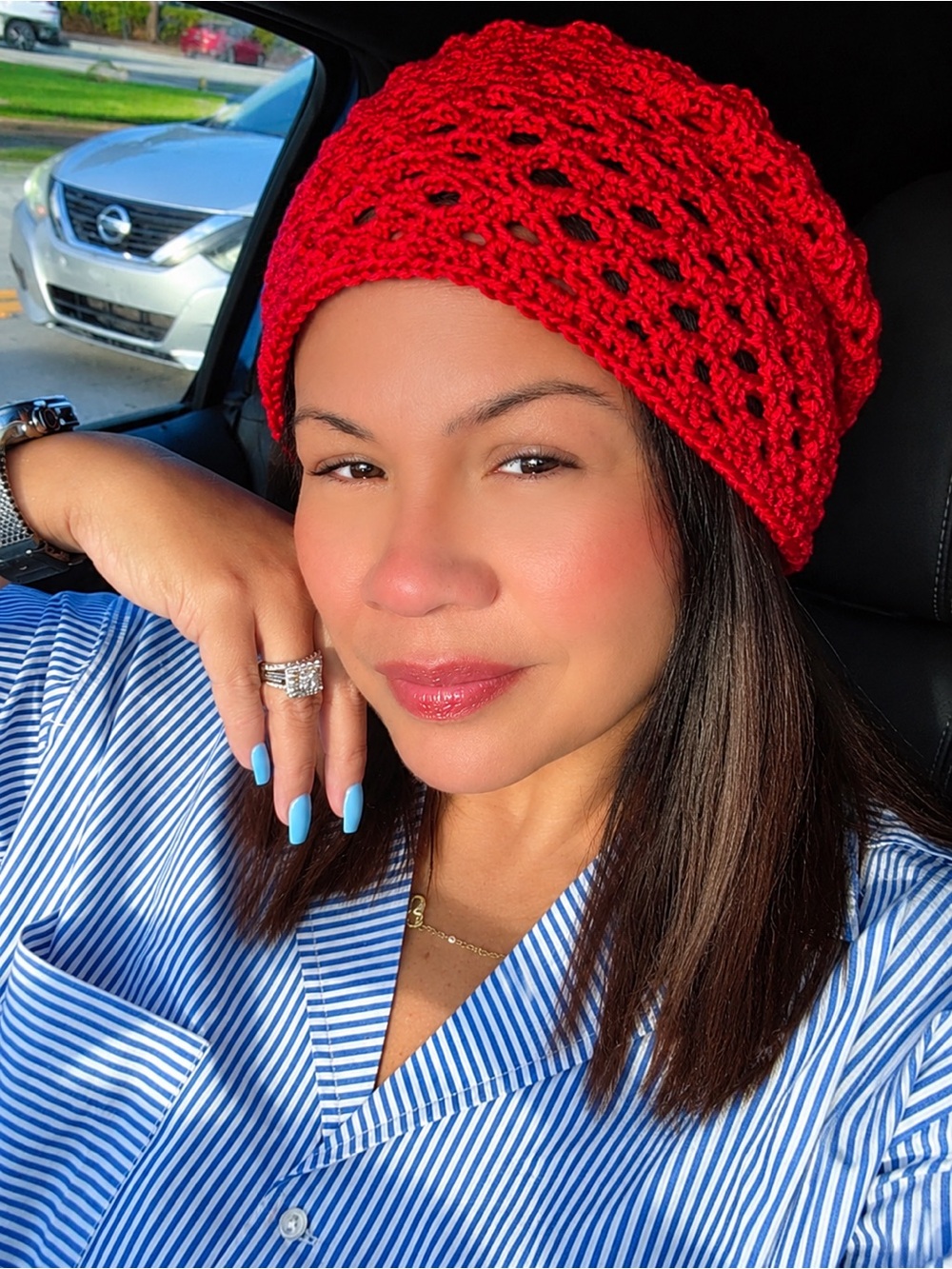 Handmade Crochet Beanie Hat - Red, Brown, Cream, Turquoise